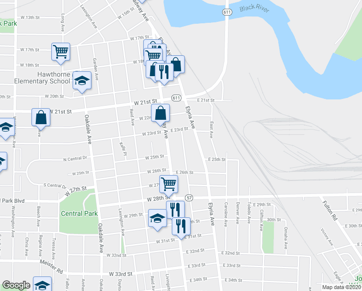 map of restaurants, bars, coffee shops, grocery stores, and more near 2372 Apple Avenue in Lorain