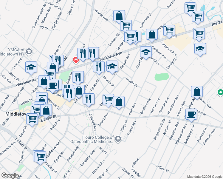 map of restaurants, bars, coffee shops, grocery stores, and more near 53 Prince Street in Middletown