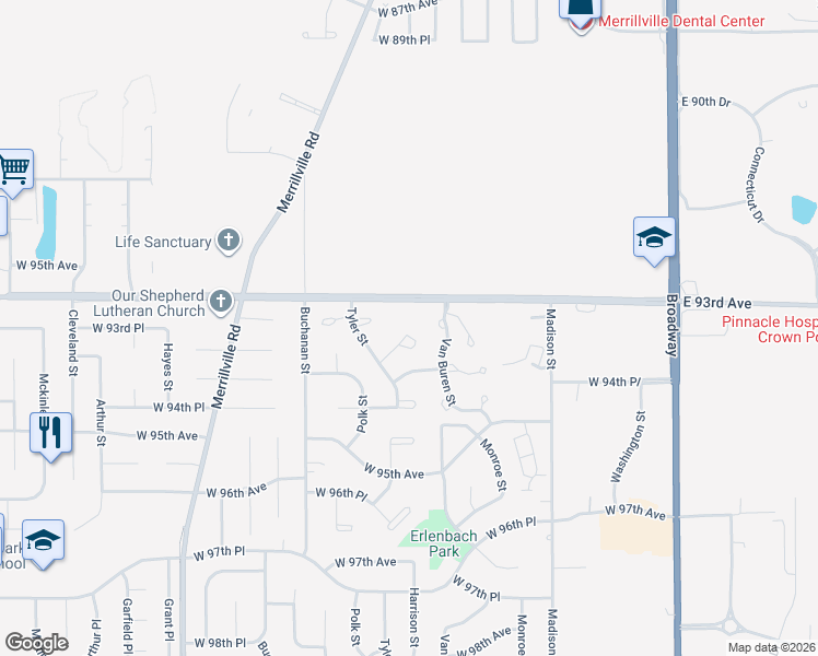 map of restaurants, bars, coffee shops, grocery stores, and more near 1362 West 94th Court in Crown Point