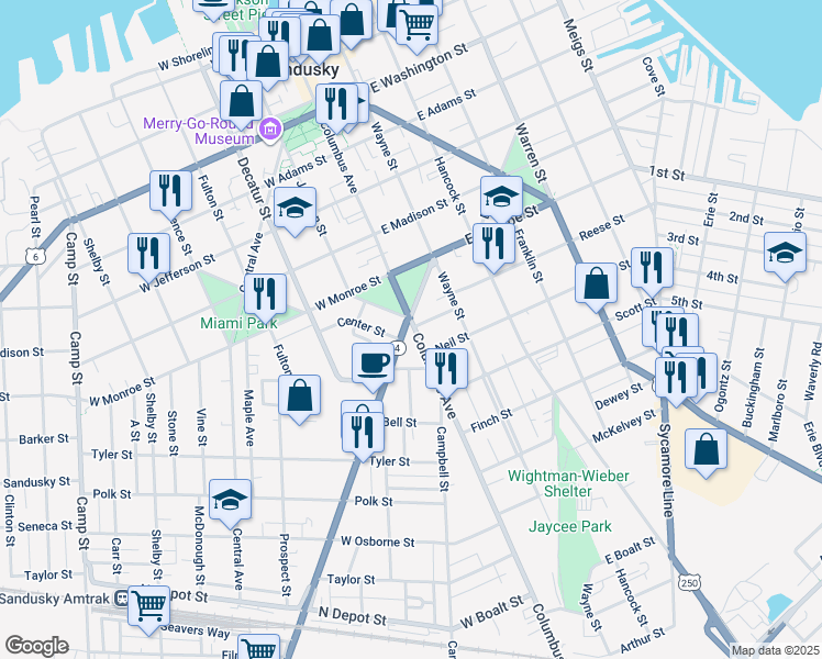 map of restaurants, bars, coffee shops, grocery stores, and more near 915 Columbus Avenue in Sandusky