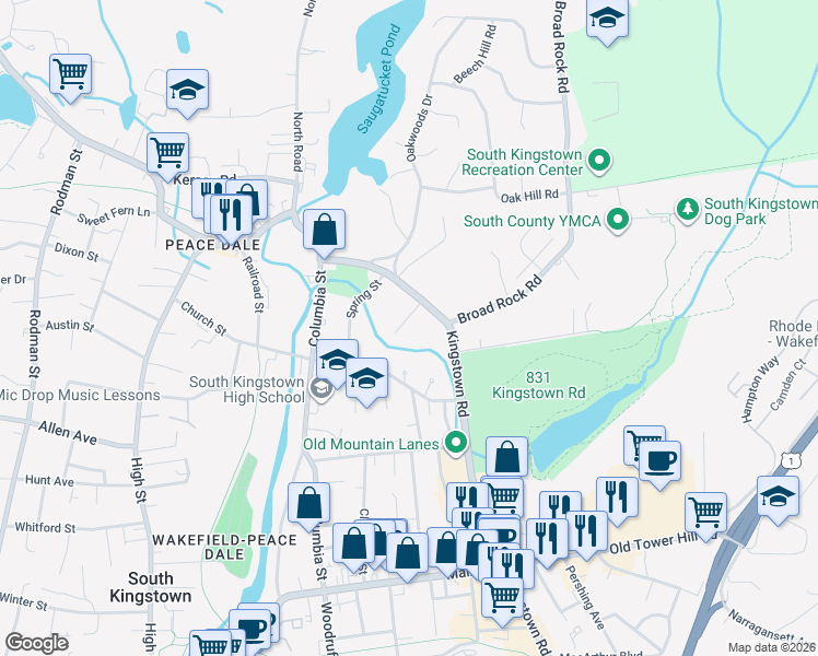 map of restaurants, bars, coffee shops, grocery stores, and more near 28 Amos Street in South Kingstown