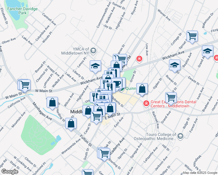 map of restaurants, bars, coffee shops, grocery stores, and more near 8 John Street in Middletown