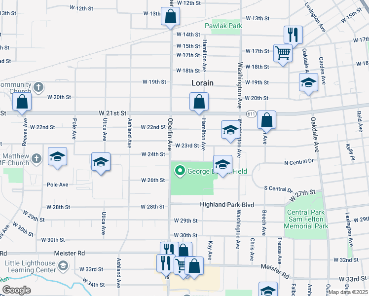 map of restaurants, bars, coffee shops, grocery stores, and more near 1135 West 23rd Street in Lorain