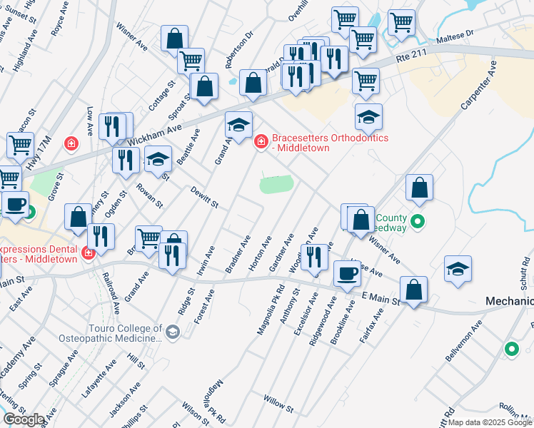 map of restaurants, bars, coffee shops, grocery stores, and more near 29 Bradner Avenue in Middletown