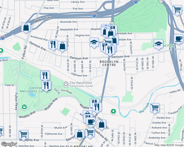 map of restaurants, bars, coffee shops, grocery stores, and more near 3935 West 33rd Street in Cleveland