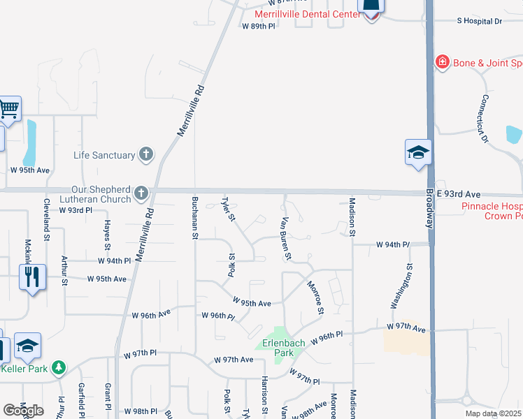 map of restaurants, bars, coffee shops, grocery stores, and more near 1362 West 94th Court in Crown Point