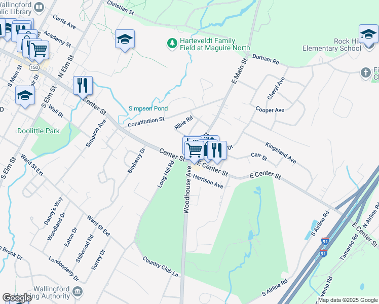 map of restaurants, bars, coffee shops, grocery stores, and more near 650 East Center Street in Wallingford