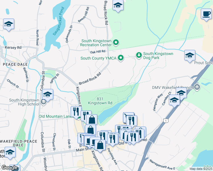 map of restaurants, bars, coffee shops, grocery stores, and more near 128A Old Mountain Road in South Kingstown