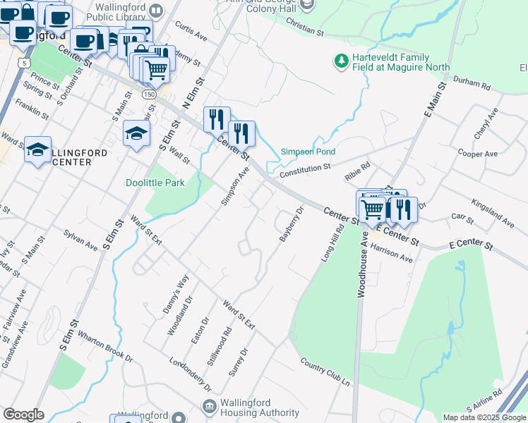 map of restaurants, bars, coffee shops, grocery stores, and more near 24 Bonnie Court in Wallingford