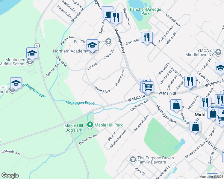 map of restaurants, bars, coffee shops, grocery stores, and more near 227 West Main Street in Middletown