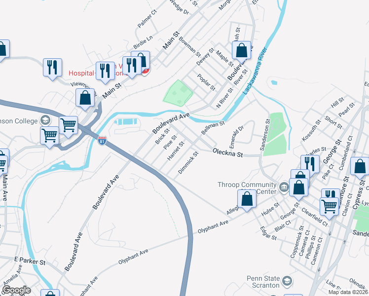 map of restaurants, bars, coffee shops, grocery stores, and more near 143 Dimmick Street in Throop
