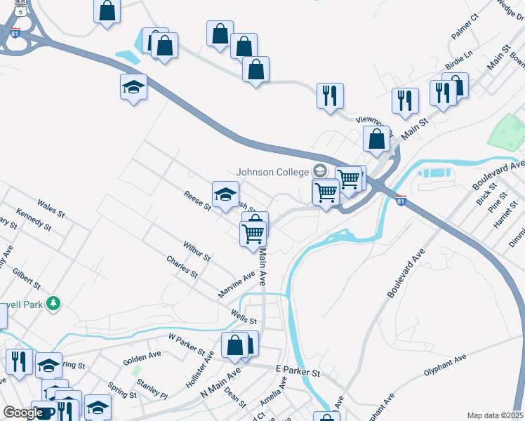 map of restaurants, bars, coffee shops, grocery stores, and more near 201 Augusta Avenue in Scranton