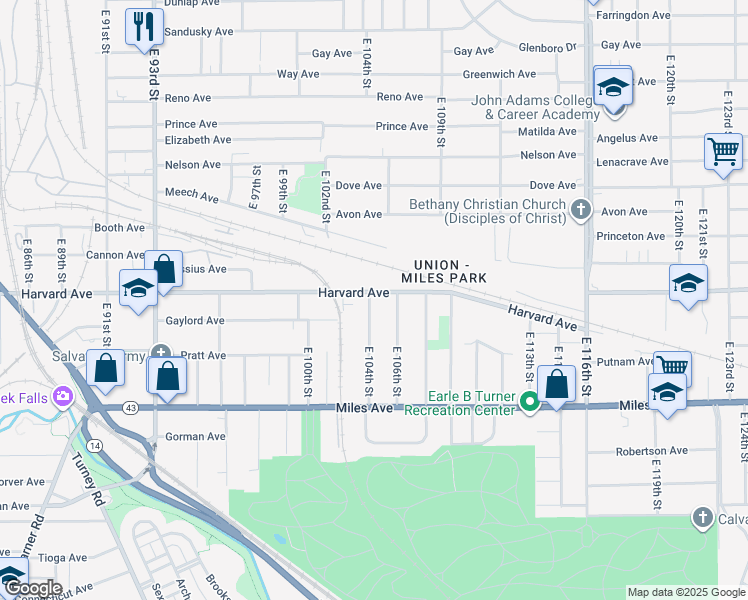 map of restaurants, bars, coffee shops, grocery stores, and more near 4079 Miles Avenue in Cleveland
