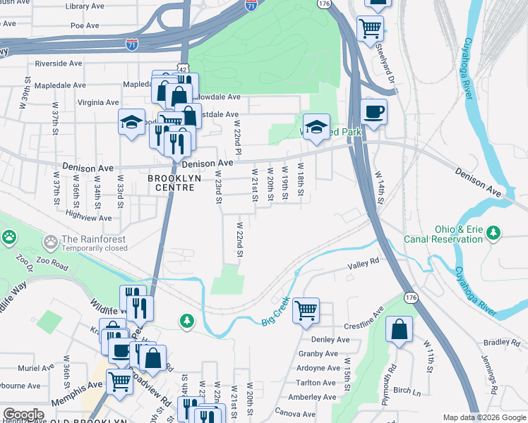 map of restaurants, bars, coffee shops, grocery stores, and more near 2015 Pixley Court in Cleveland