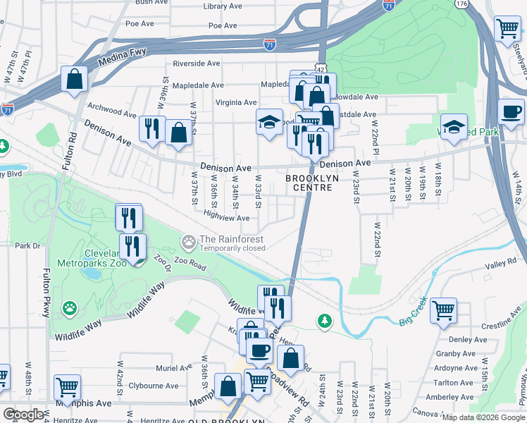 map of restaurants, bars, coffee shops, grocery stores, and more near 3935 West 33rd Street in Cleveland