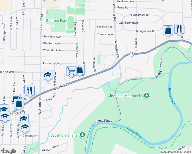 map of restaurants, bars, coffee shops, grocery stores, and more near 20201 Lorain Road in Fairview Park