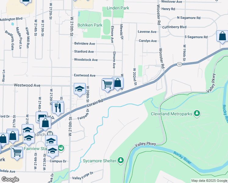 map of restaurants, bars, coffee shops, grocery stores, and more near 20550 Lorain Road in Fairview Park