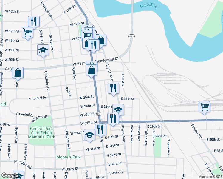 map of restaurants, bars, coffee shops, grocery stores, and more near 2415 Apple Avenue in Lorain