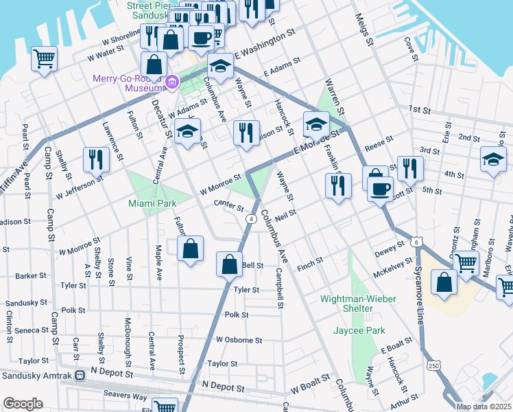 map of restaurants, bars, coffee shops, grocery stores, and more near 915 Columbus Avenue in Sandusky