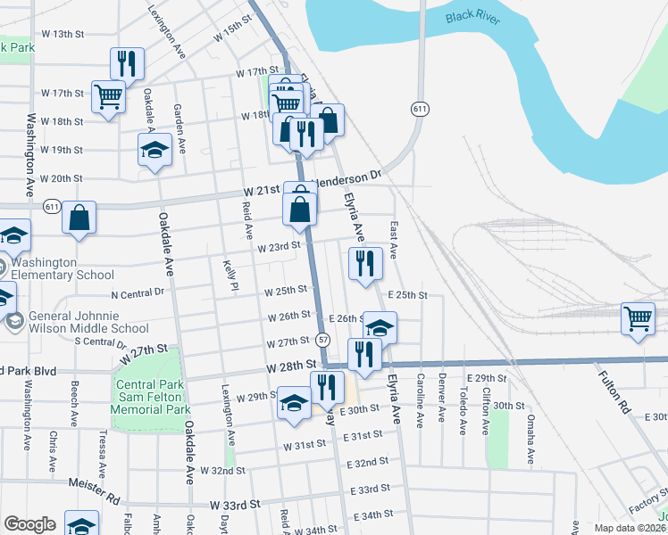 map of restaurants, bars, coffee shops, grocery stores, and more near 2415 Apple Avenue in Lorain