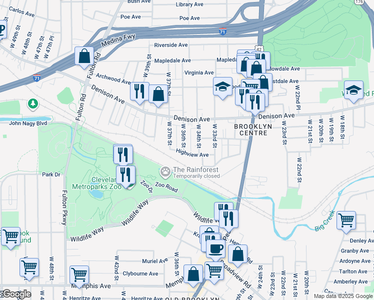 map of restaurants, bars, coffee shops, grocery stores, and more near 3905 West 36th Street in Cleveland