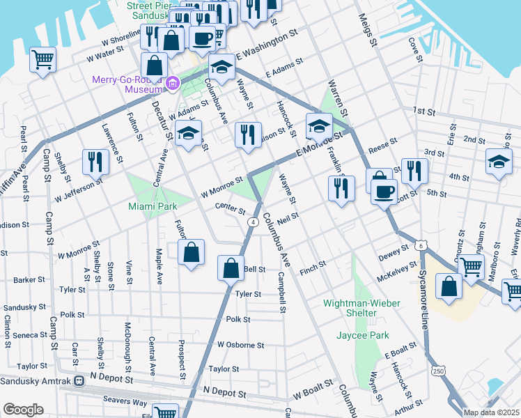 map of restaurants, bars, coffee shops, grocery stores, and more near 804 Hayes Avenue in Sandusky