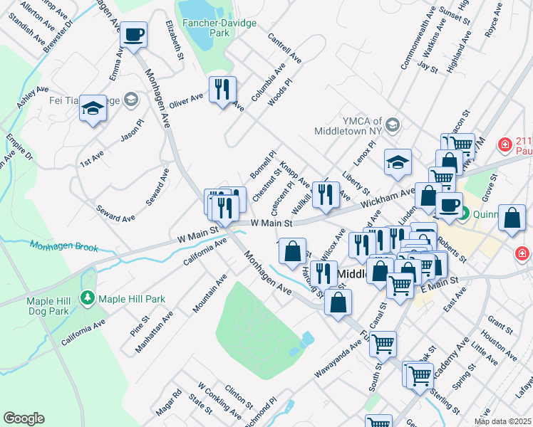 map of restaurants, bars, coffee shops, grocery stores, and more near 35 Crescent Place in Middletown