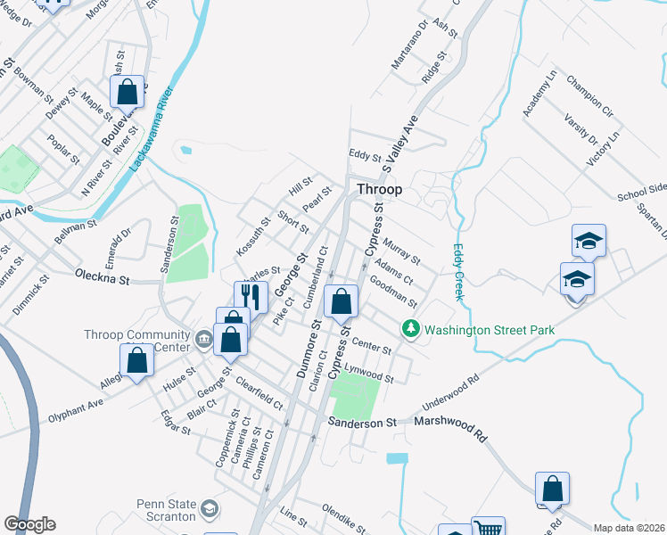 map of restaurants, bars, coffee shops, grocery stores, and more near 711 Highway 347 in Throop