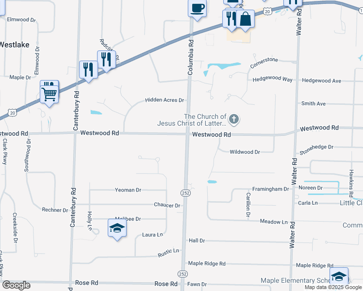 map of restaurants, bars, coffee shops, grocery stores, and more near 2762 Columbia Road in Westlake