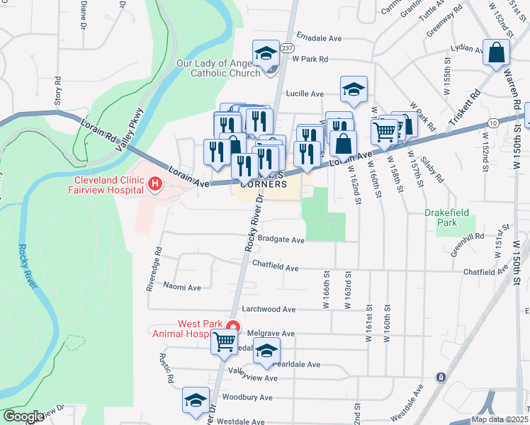 map of restaurants, bars, coffee shops, grocery stores, and more near 3909 Rocky River Drive in Cleveland