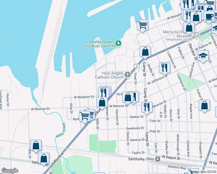 map of restaurants, bars, coffee shops, grocery stores, and more near 531 Putnam Street in Sandusky