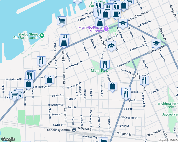 map of restaurants, bars, coffee shops, grocery stores, and more near 622 McDonough Street in Sandusky