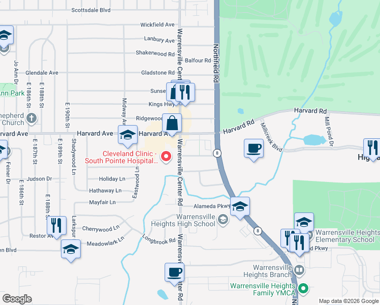 map of restaurants, bars, coffee shops, grocery stores, and more near 20411 Randolph Parkway in Highland Hills