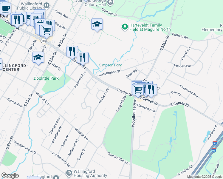 map of restaurants, bars, coffee shops, grocery stores, and more near 765 Center Street in Wallingford
