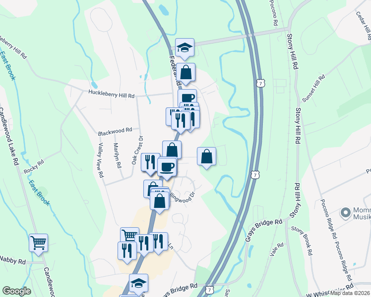map of restaurants, bars, coffee shops, grocery stores, and more near 11 Tara Drive in Brookfield