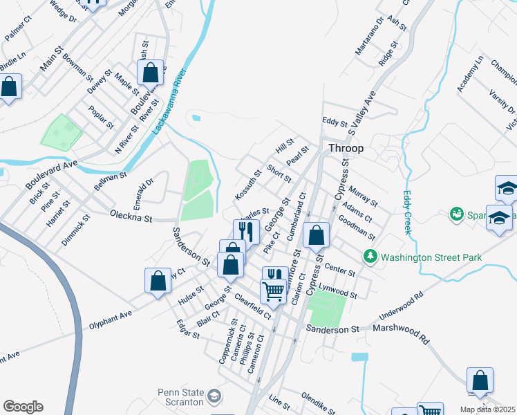 map of restaurants, bars, coffee shops, grocery stores, and more near 505 Center Street in Throop