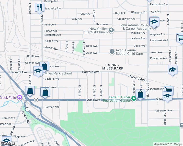 map of restaurants, bars, coffee shops, grocery stores, and more near 4079 Miles Avenue in Cleveland