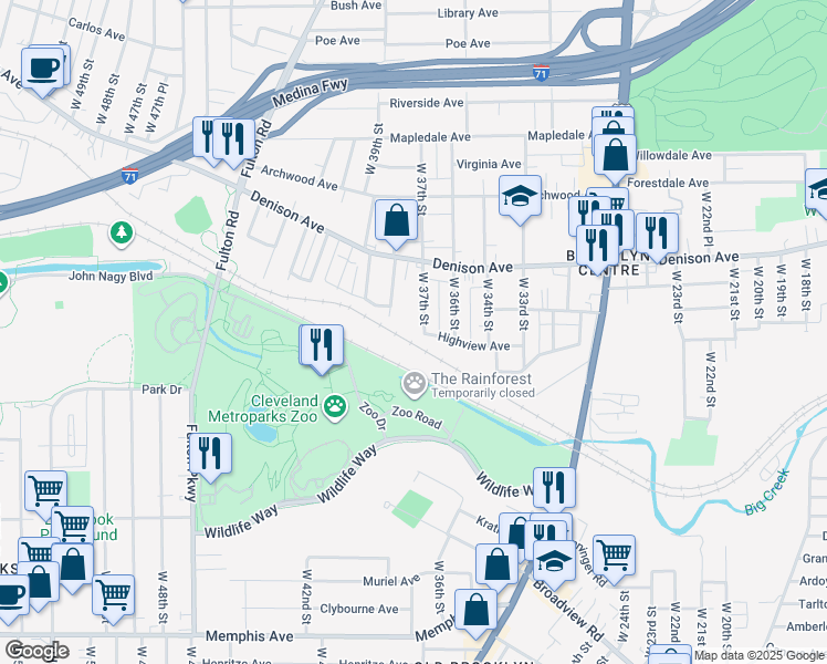 map of restaurants, bars, coffee shops, grocery stores, and more near 3617 Highview Avenue in Cleveland