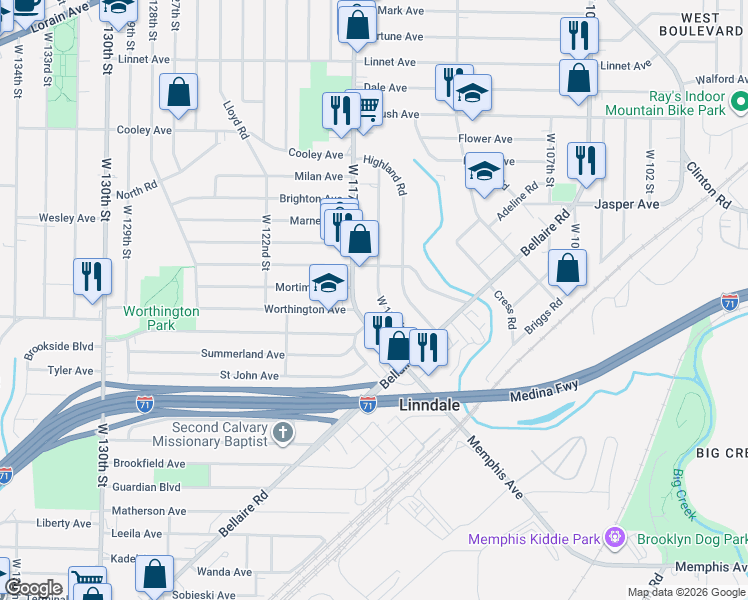 map of restaurants, bars, coffee shops, grocery stores, and more near 3889 West 117th Street in Cleveland