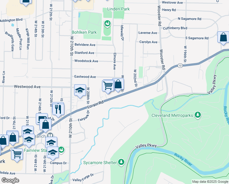 map of restaurants, bars, coffee shops, grocery stores, and more near 20550 Lorain Road in Fairview Park