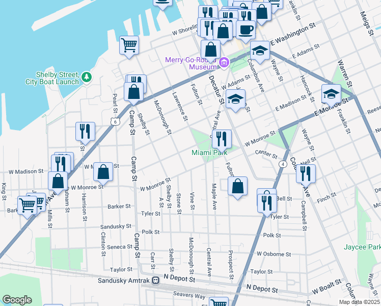 map of restaurants, bars, coffee shops, grocery stores, and more near 622 McDonough Street in Sandusky