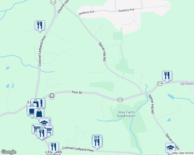 map of restaurants, bars, coffee shops, grocery stores, and more near 65 Iron Street in Ledyard
