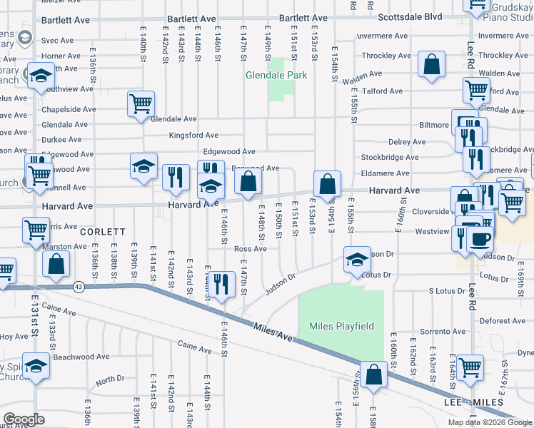 map of restaurants, bars, coffee shops, grocery stores, and more near 4101 East 148th Street in Cleveland
