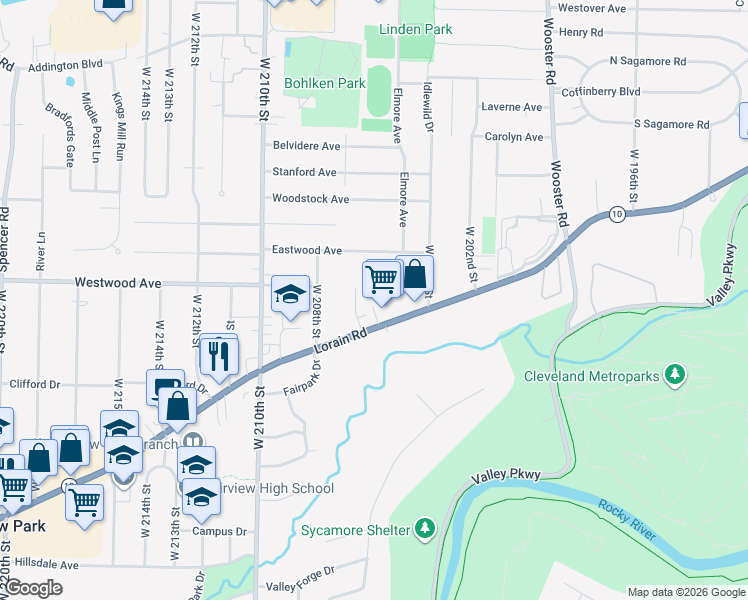 map of restaurants, bars, coffee shops, grocery stores, and more near 20550 Lorain Road in Fairview Park