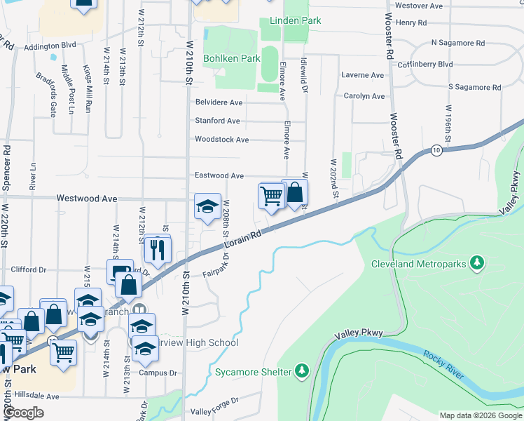 map of restaurants, bars, coffee shops, grocery stores, and more near in Fairview Park