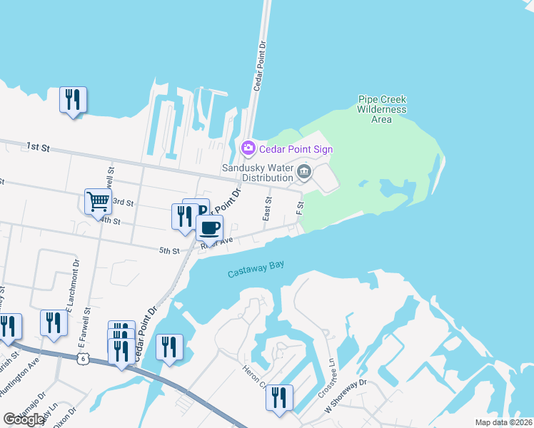 map of restaurants, bars, coffee shops, grocery stores, and more near 2312 River Avenue in Sandusky