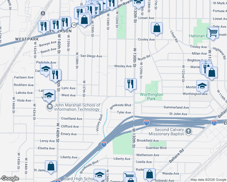 map of restaurants, bars, coffee shops, grocery stores, and more near 13321 West Avenue in Cleveland