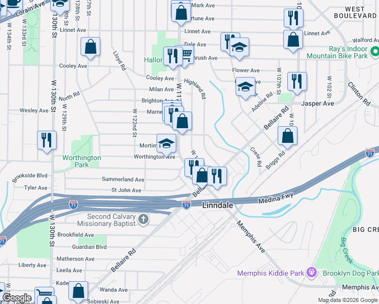 map of restaurants, bars, coffee shops, grocery stores, and more near 3889 West 117th Street in Cleveland