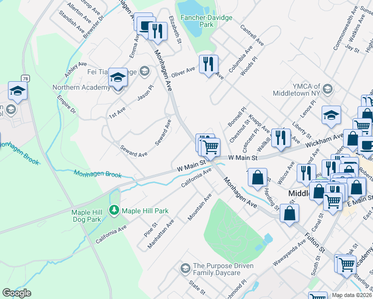 map of restaurants, bars, coffee shops, grocery stores, and more near 193 West Main Street in Middletown