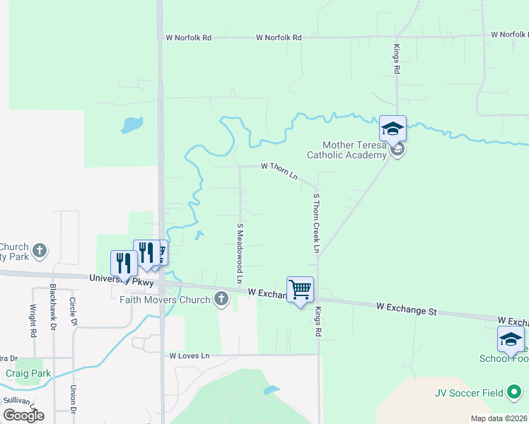 map of restaurants, bars, coffee shops, grocery stores, and more near 24307 South Meadowood Lane in Crete